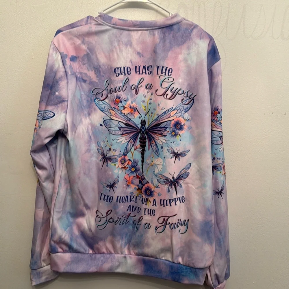 Size Large pink purple tye-dye sweatshirt Dragonfly - Picture 2 of 5